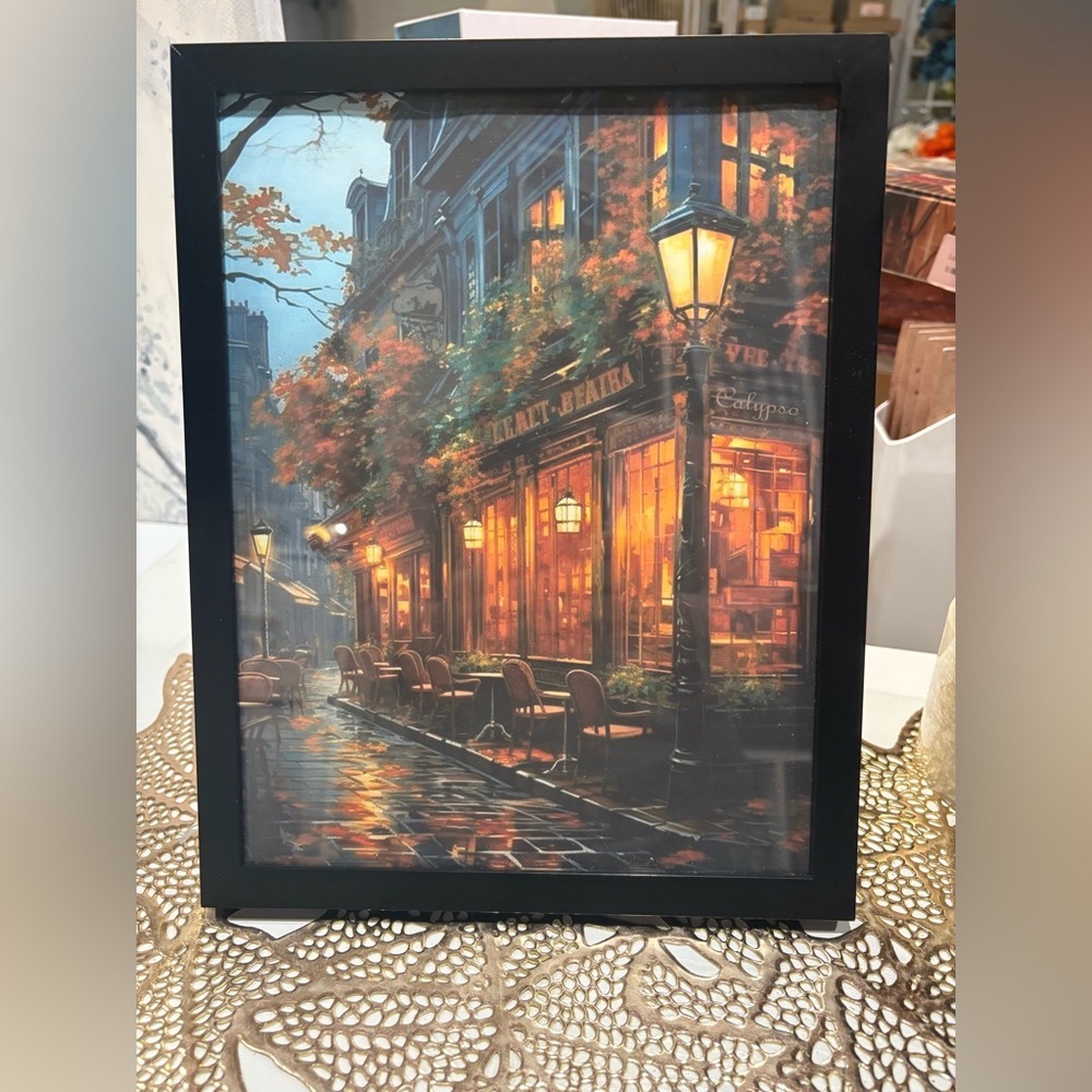 Autumn Paris Café Street Scene – 8x10 Framed Wall Art Print